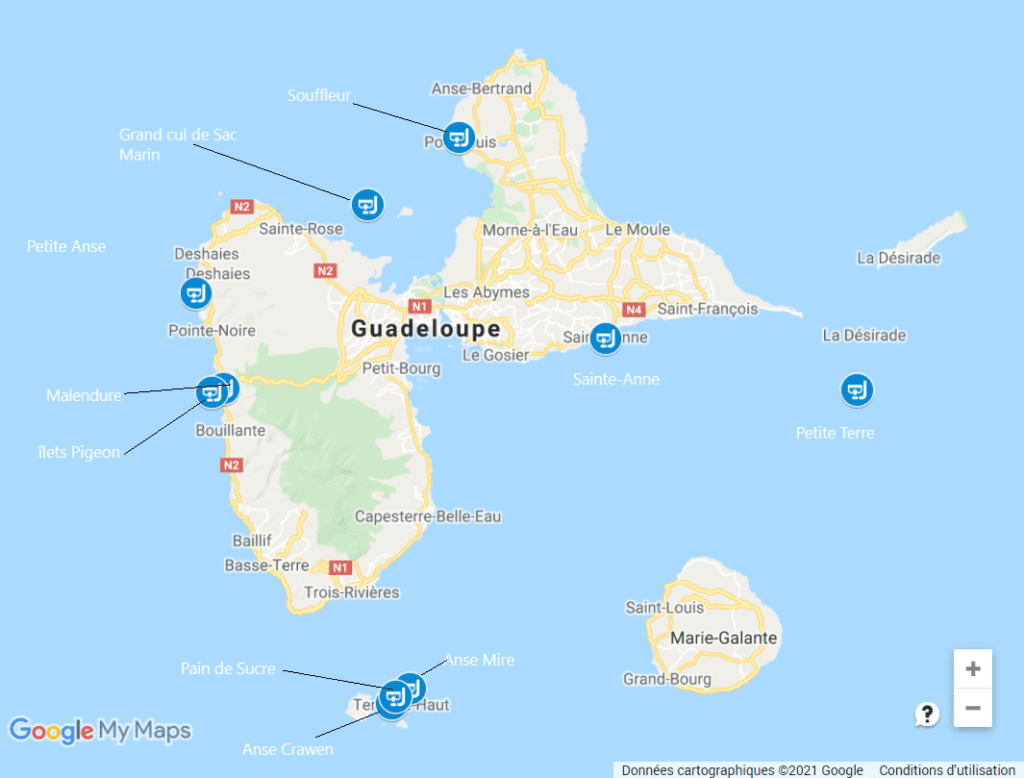 Carte Snorkeling en Guadeloupe plongée masque et tuba